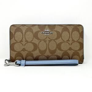 Coach Long Zip Around Wallet in Signature Canvas Khaki Marble Blue C4452